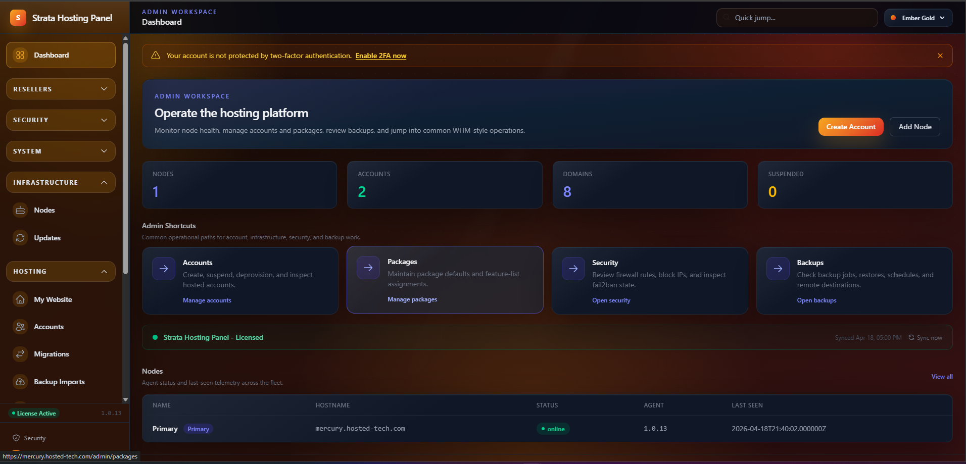 Strata Hosting Panel dashboard screenshot